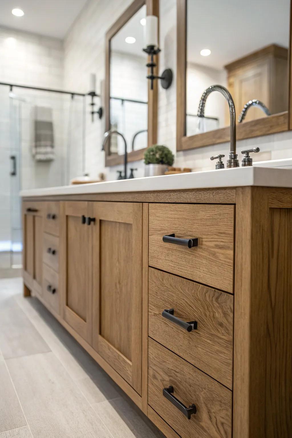 Achieve a balanced aesthetic through a blend of materials in your restroom's blueprint.