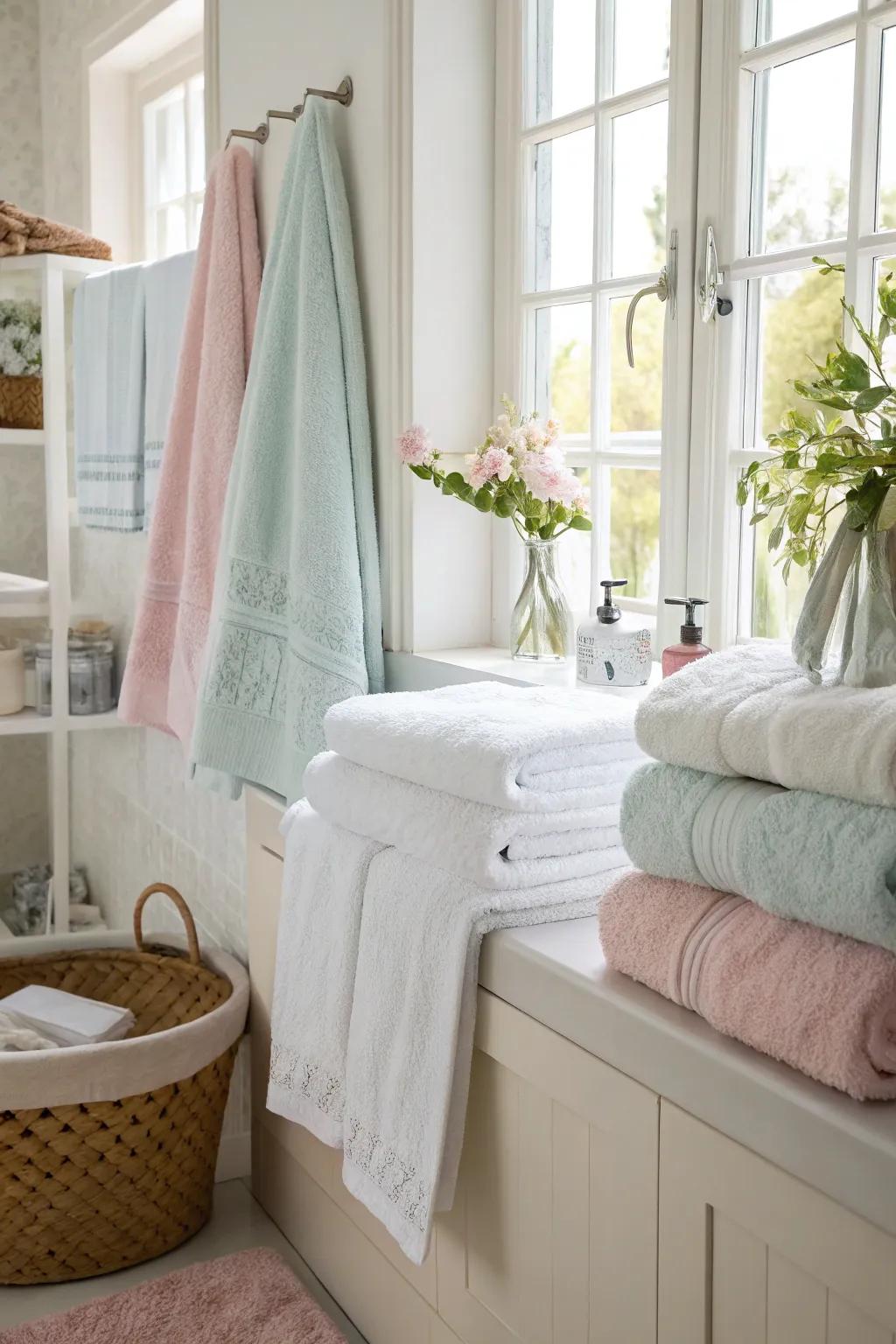 Alabaster and pastel weaves add a serene touch to your bathroom.