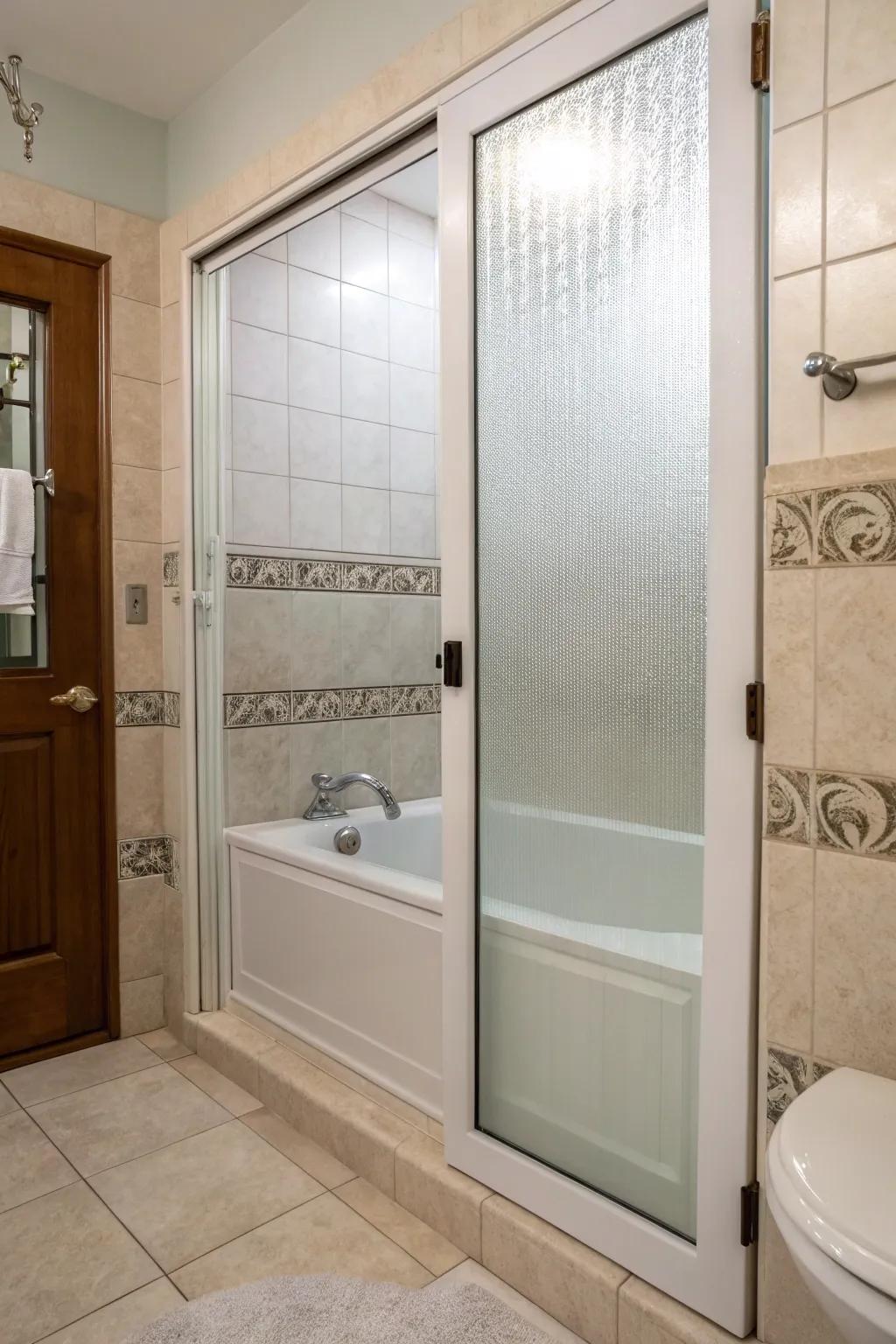 Blurred glass partitions provide privacy with a stylish spin.