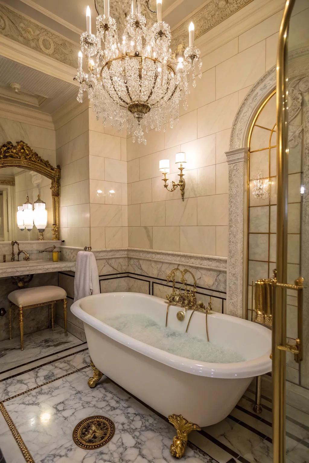 A chandelier suspended above the bathtub adds a glamorous detail to this bathroom.