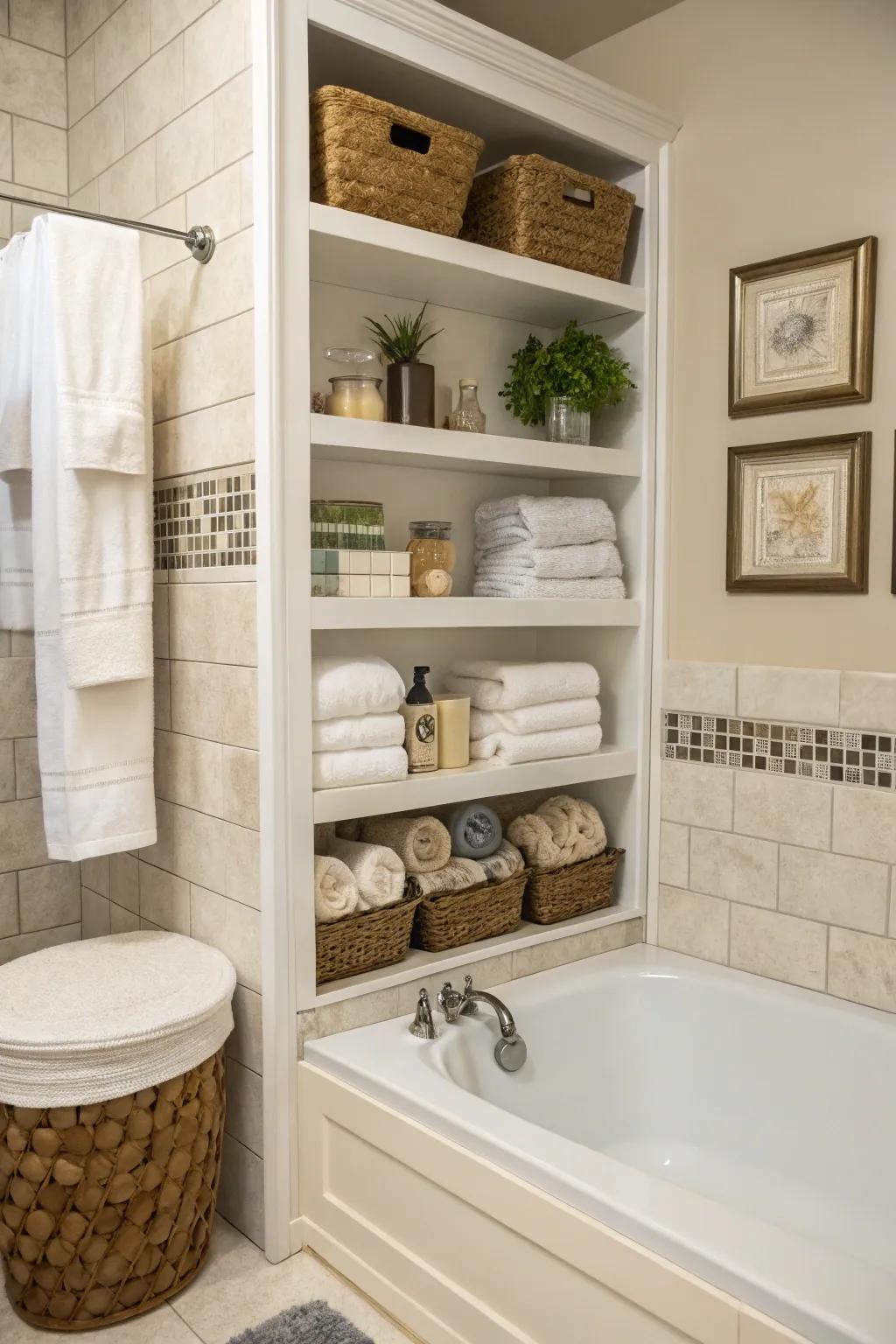 Functional storage around your bathtub keeps your space tidy and stylish.