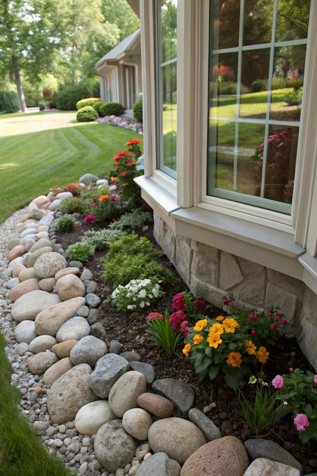 Stones adding a textural border within a bay window garden.
