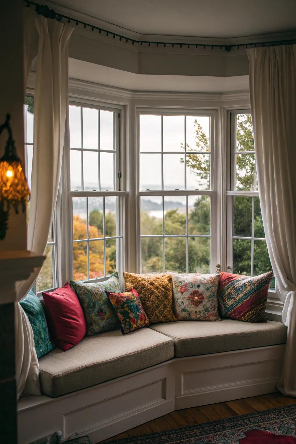 A sofa in the bay window offers a perfect spot for relaxation and enjoying the view.
