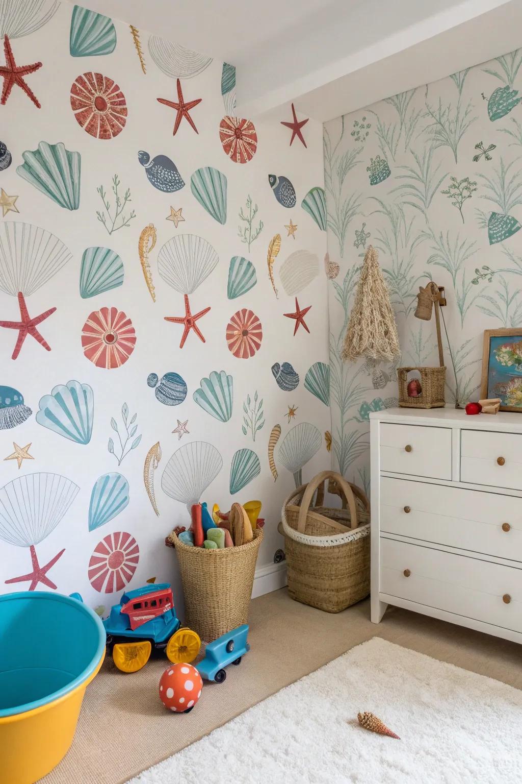 Integrate a playful refinement through marine-inspired wallpaper.