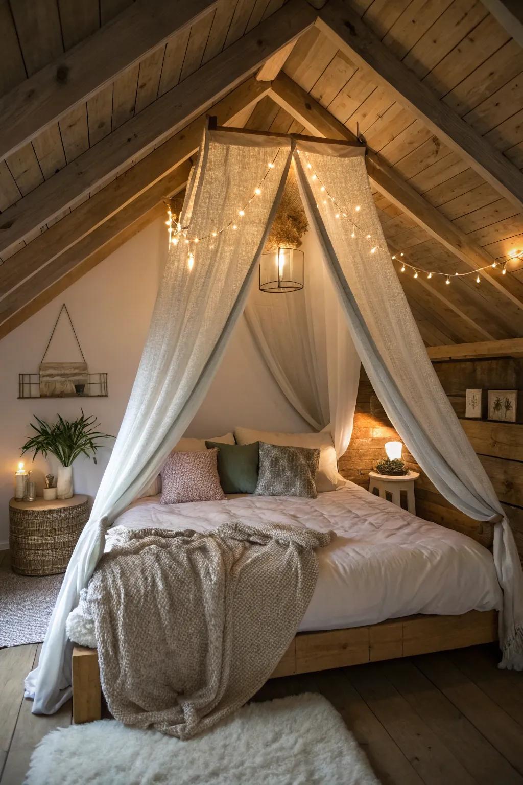 A draped awning turns a small sloped space into a relaxing getaway.