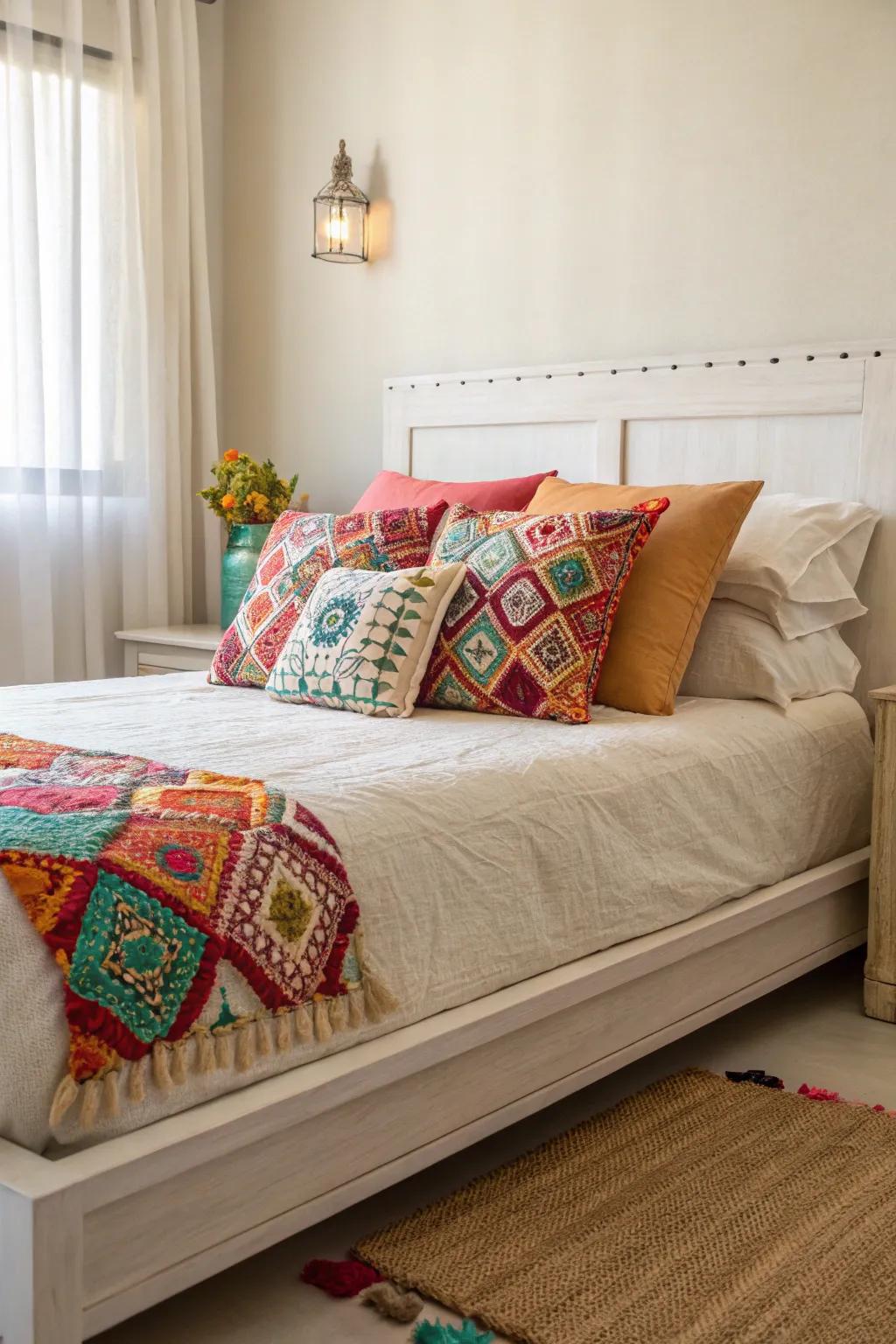 Colorful throw cushions can add a playful touch to your bed.