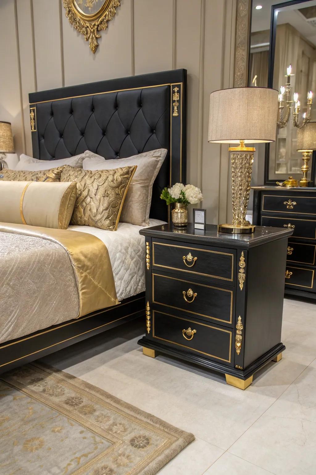 Gilded touches introduce an opulent feel to a boudoir featuring ebony furniture.