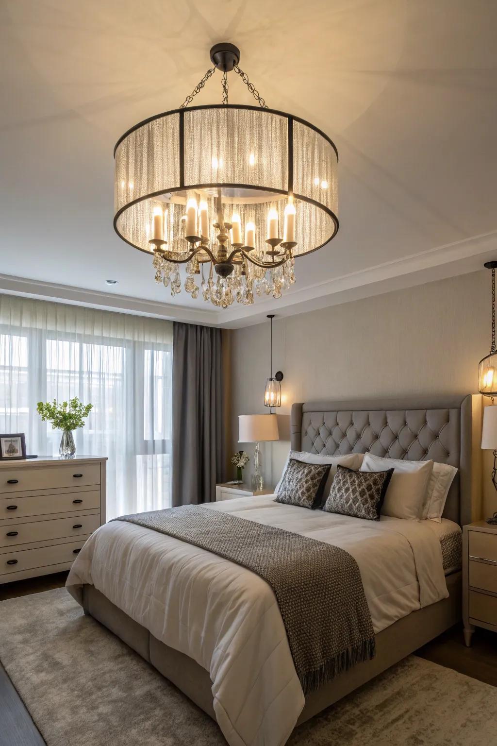 A bedroom transformed through the grace of a remarkable illumination piece.