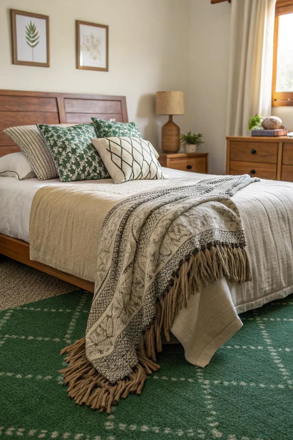 Bedding textures, layered for effect, enhance the verdant floor covering, infusing depth and allure.