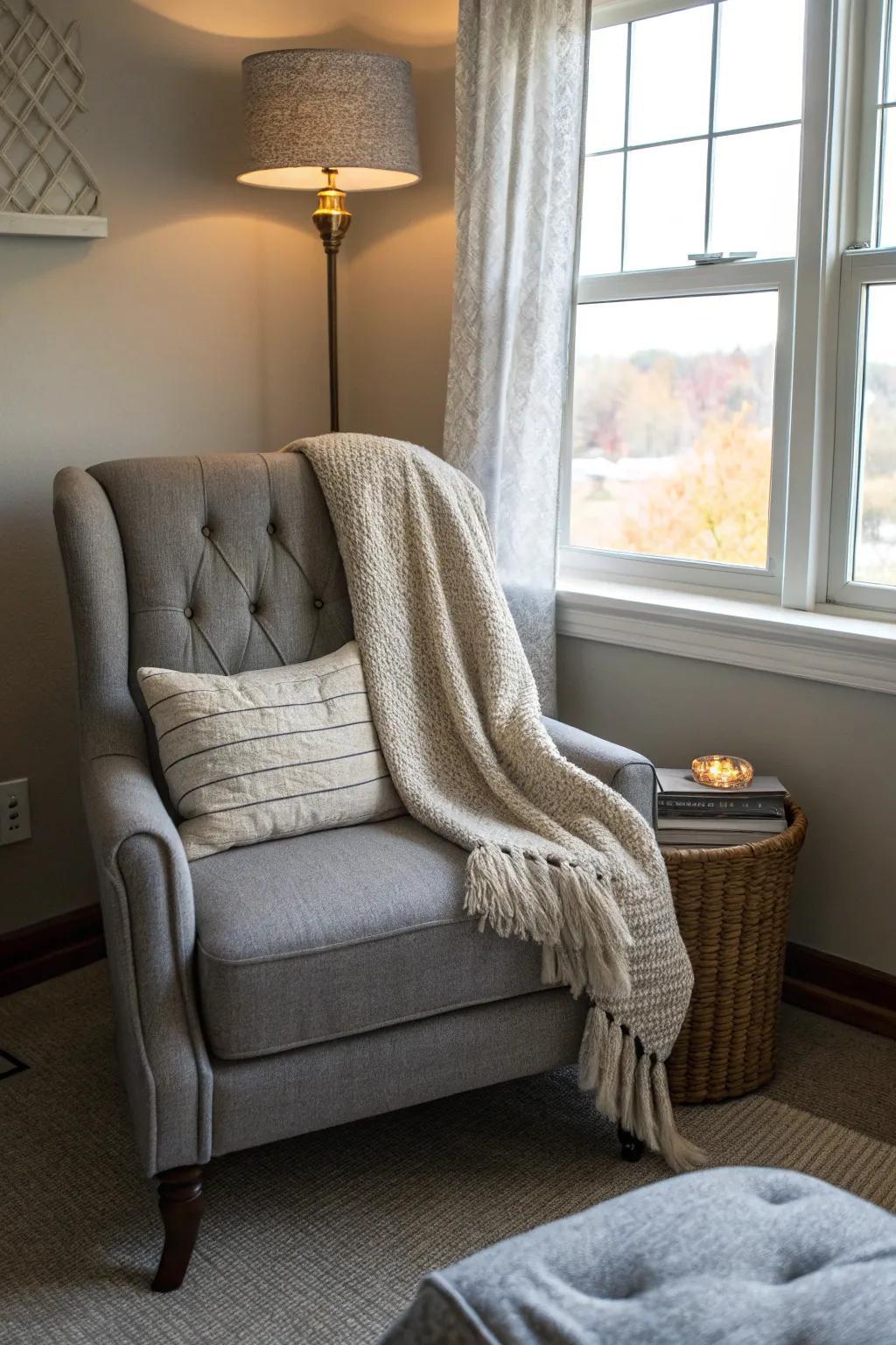 A snug corner featuring textured grey textile.