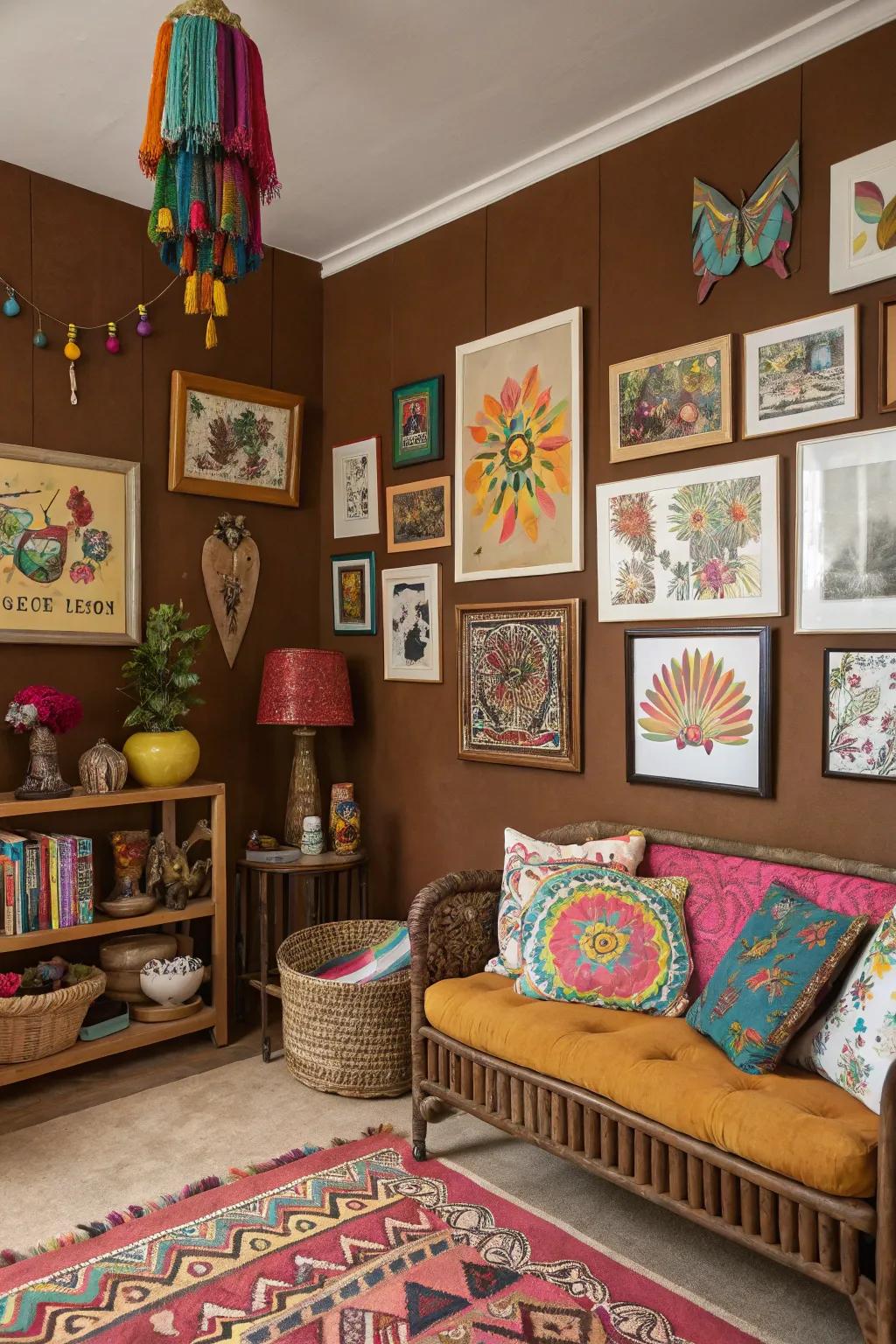 A creative refuge featuring brown walls that emphasize striking works of art.