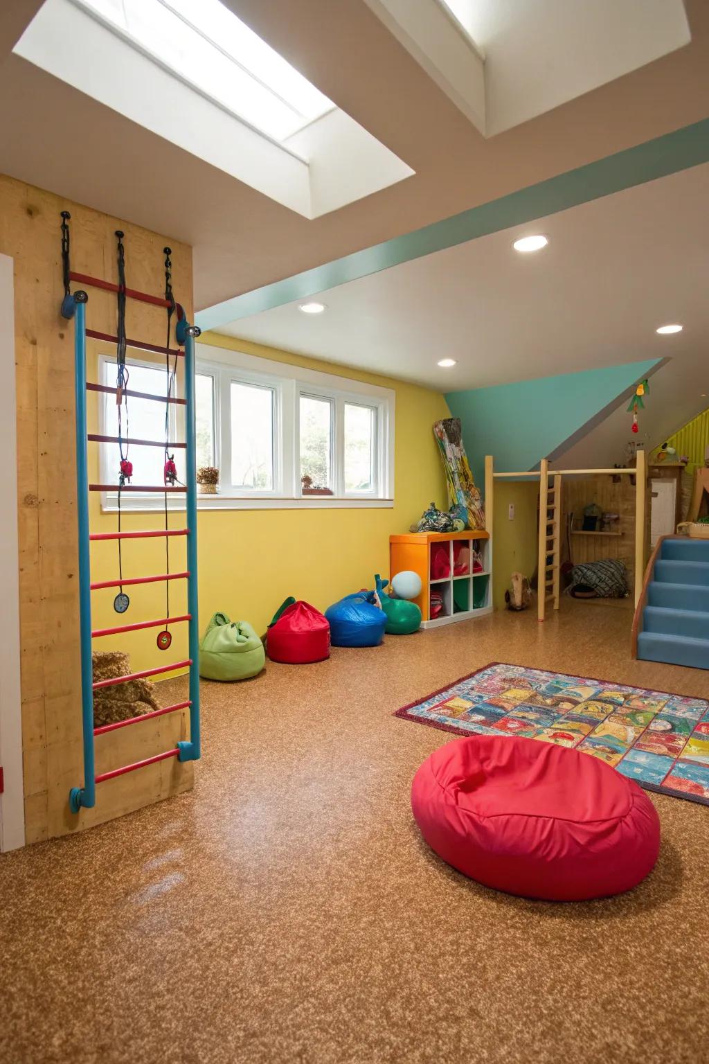 Corky wood flooring enriches basements with warmth and texture.