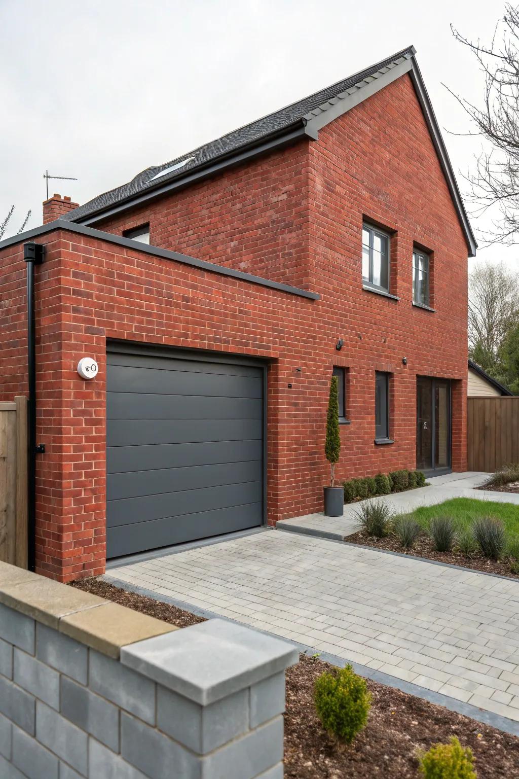 Deep gray garage doors contribute a modern touch to red brick houses.