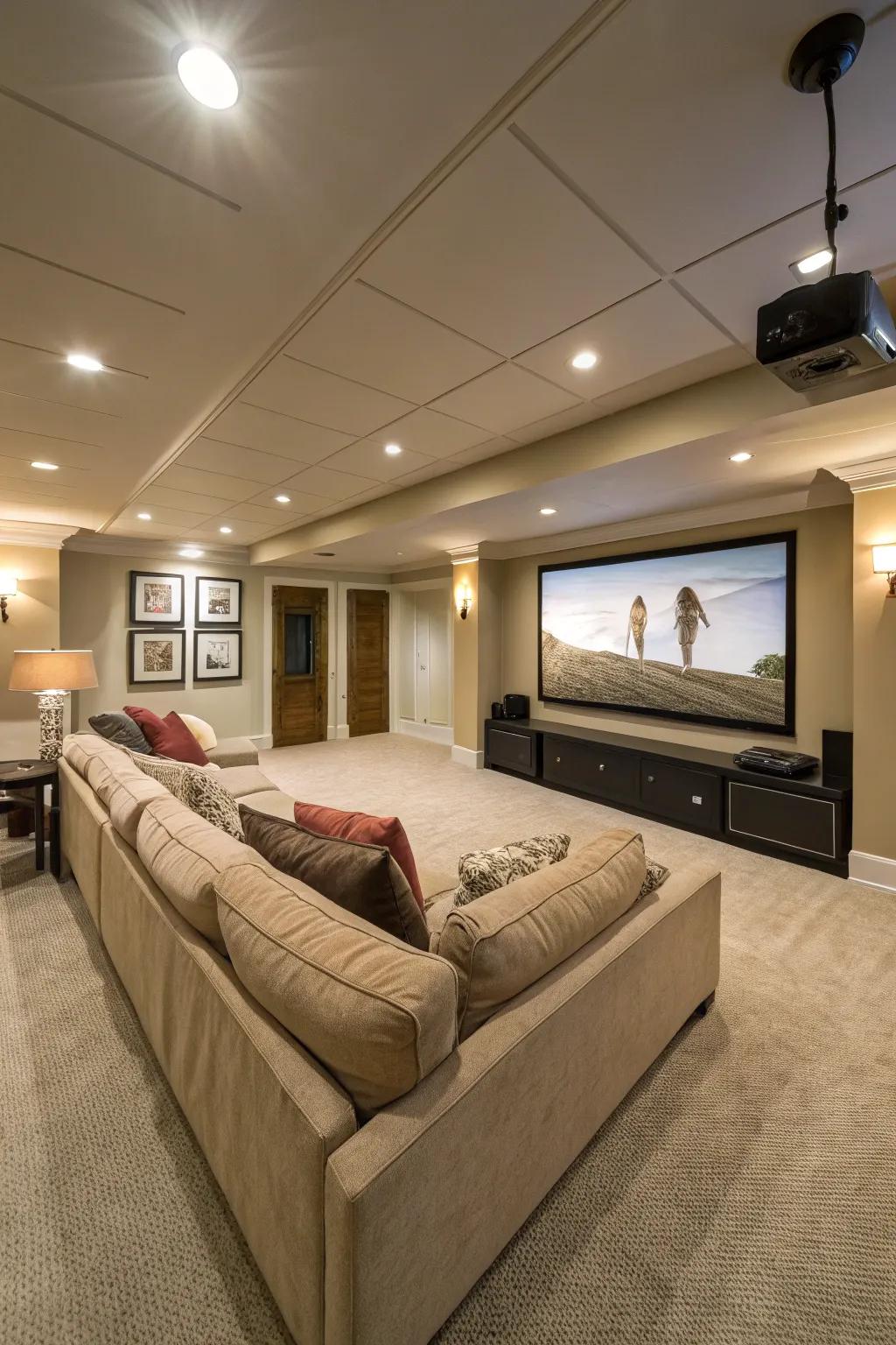 A sectional sofa delivers generous seating in this family-oriented theater.