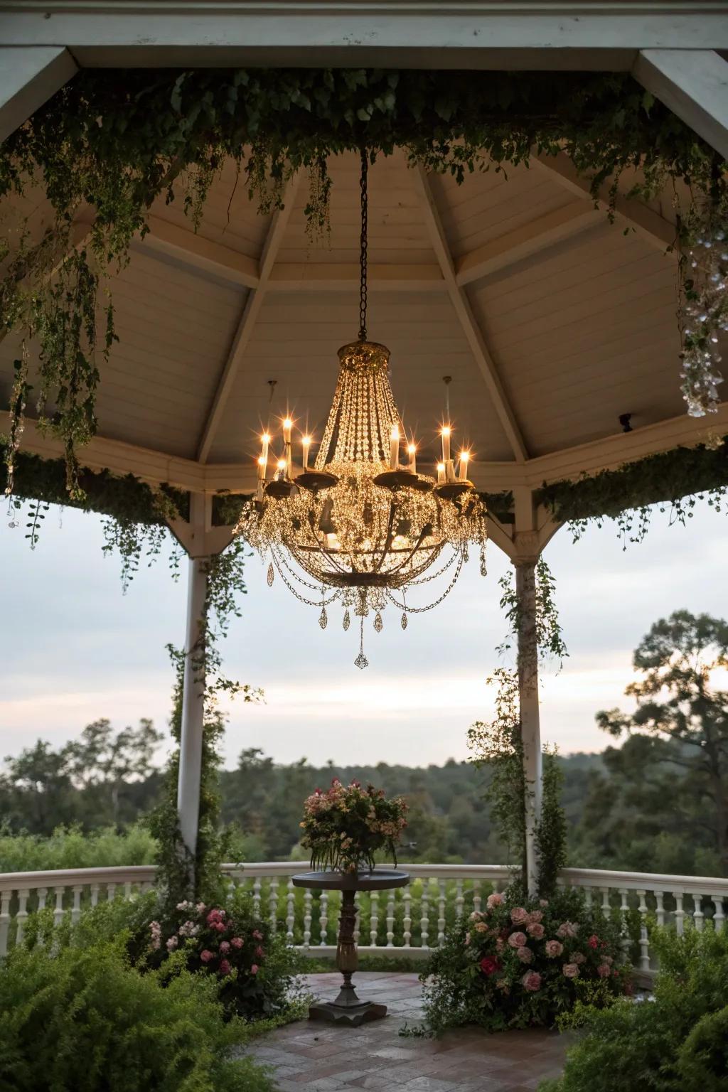A solar chandelier incorporates a hint of refinement to any gazebo arrangement.