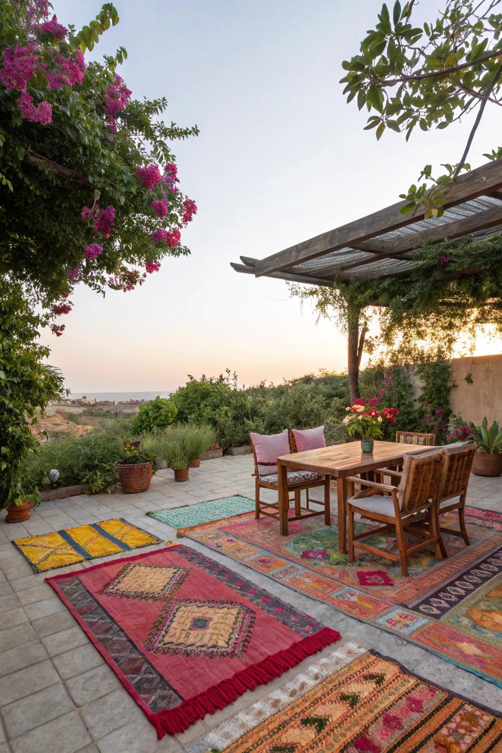 Outdoor broadlooms contribute warmth and hue to your patio expanse.