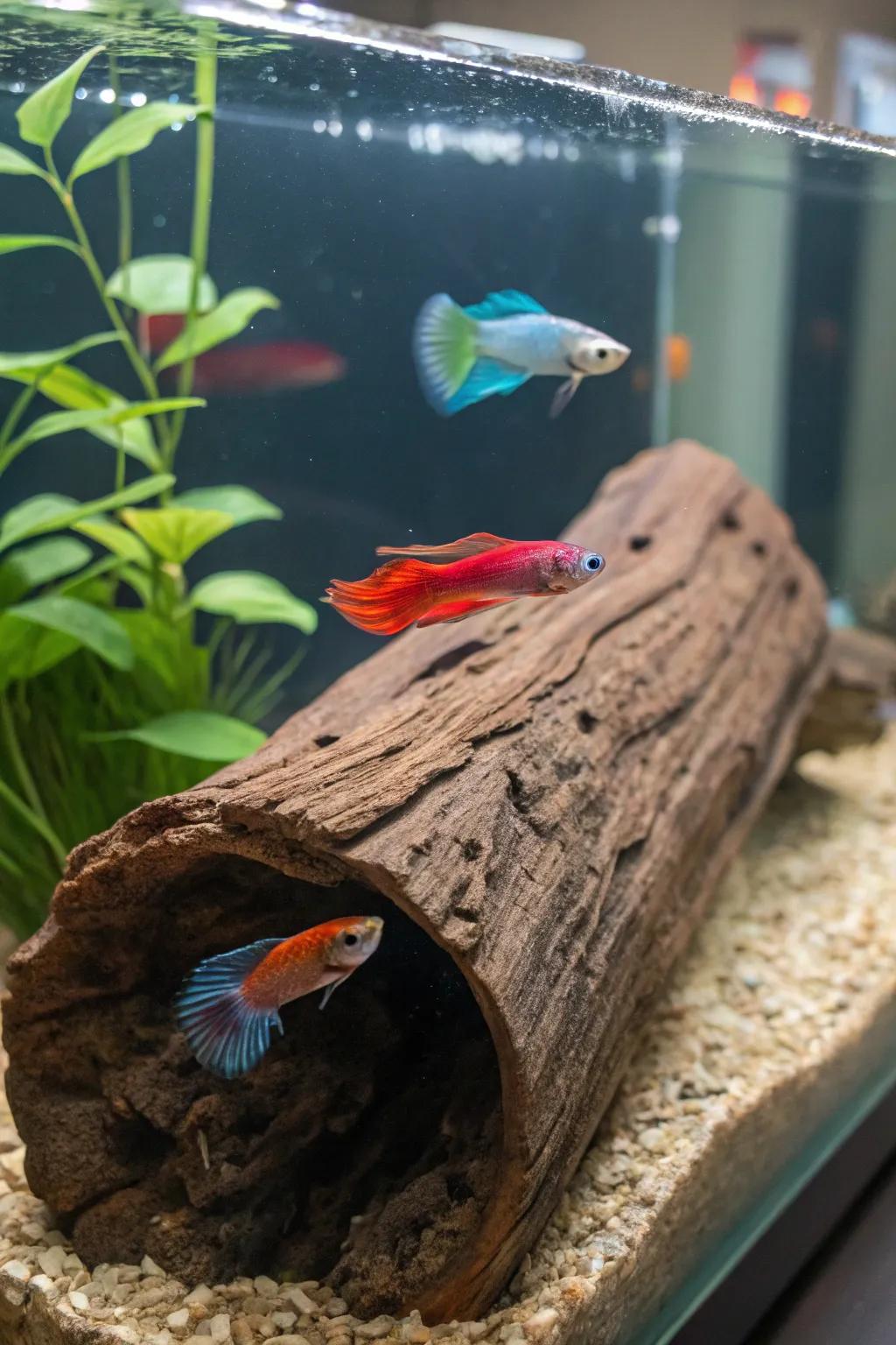 Floating timbers provide a versatile lounging space for bettas.