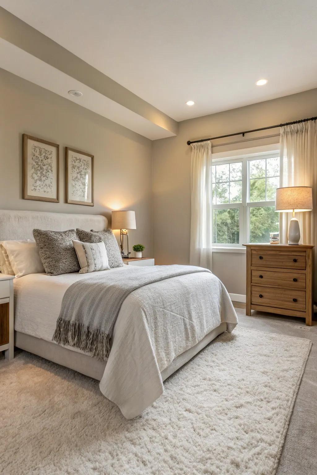 A serene bedroom showcasing a neutral and subdued color palette.