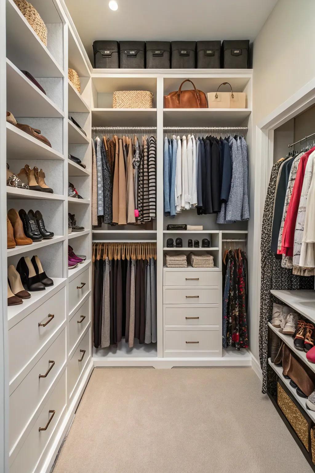 A closet with shelves extending from floor to ceiling, filled with meticulously arranged items.