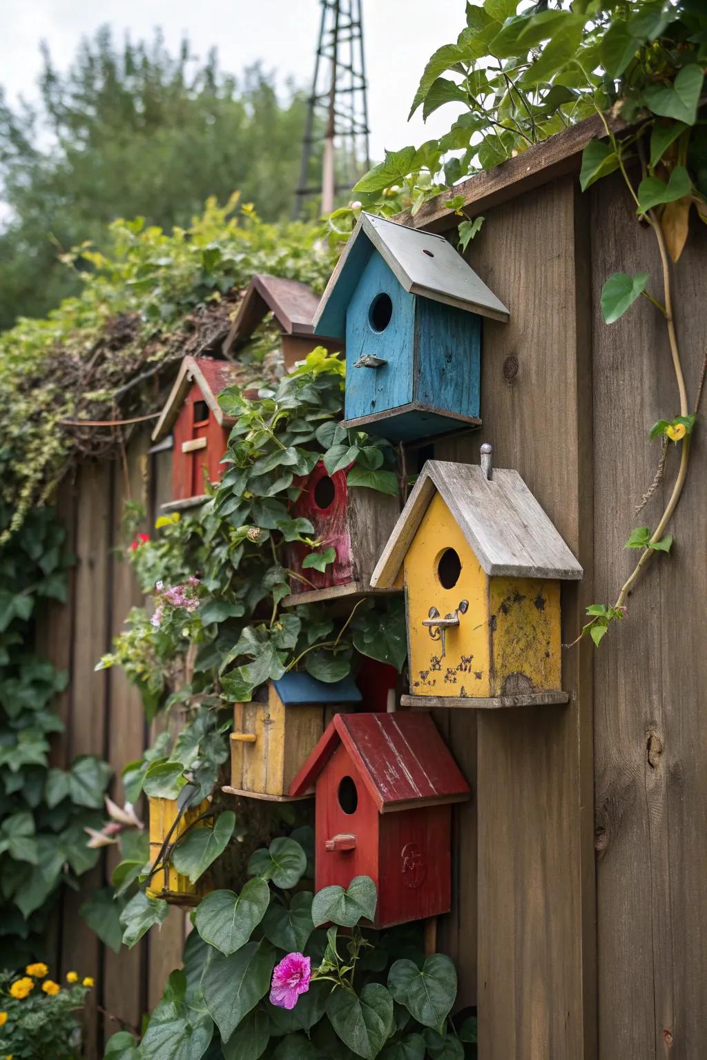 An enchanting cluster of avian dwellings establishes a spirited community atop a fence.