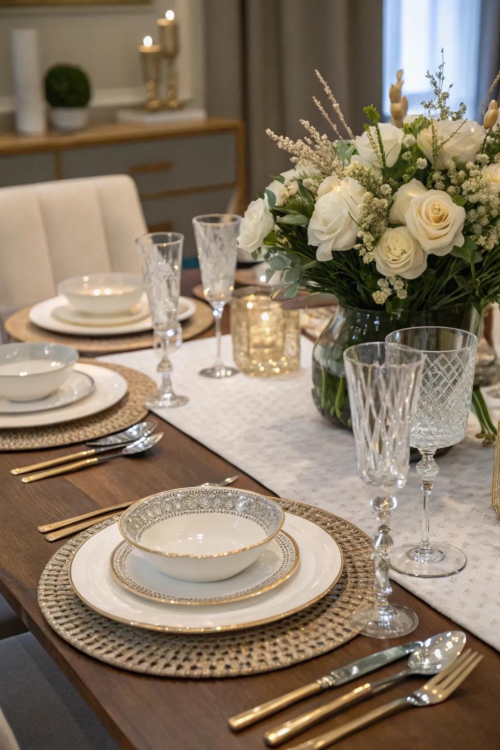 A graceful table arrangement elevates the dining experience with flair.