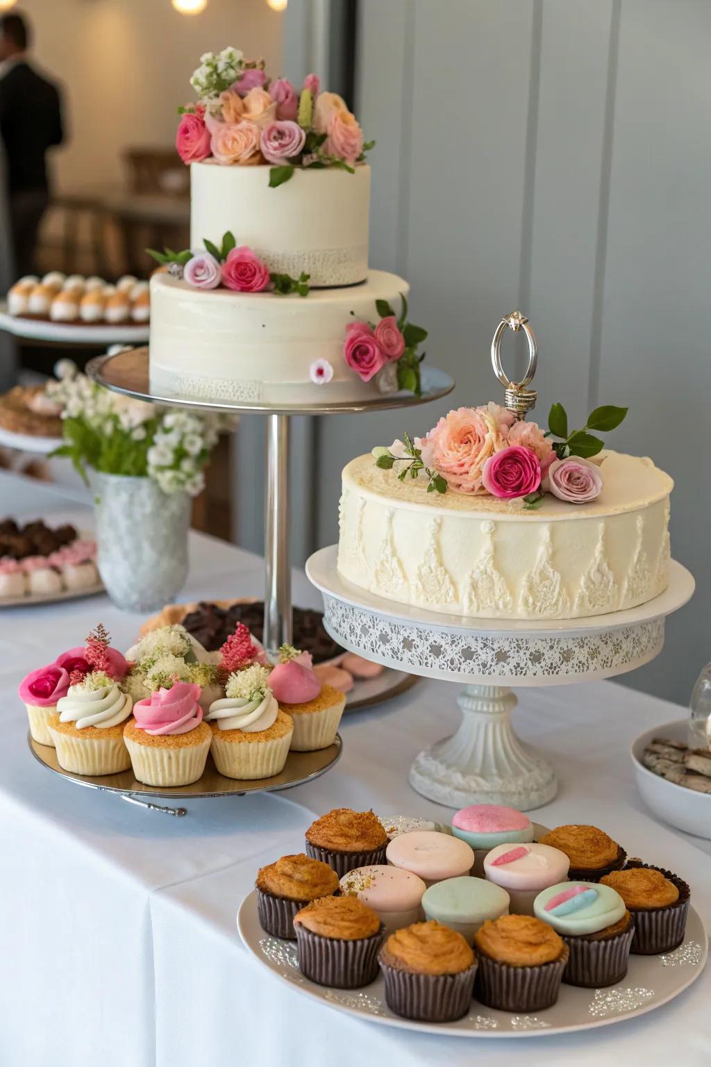 An elegant cake presentation enriched by a variety of delicious treats arranged on a stylish table.