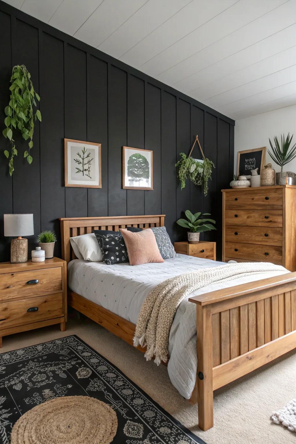 A balanced combination of wood and black creating a comfortable bedroom setting.