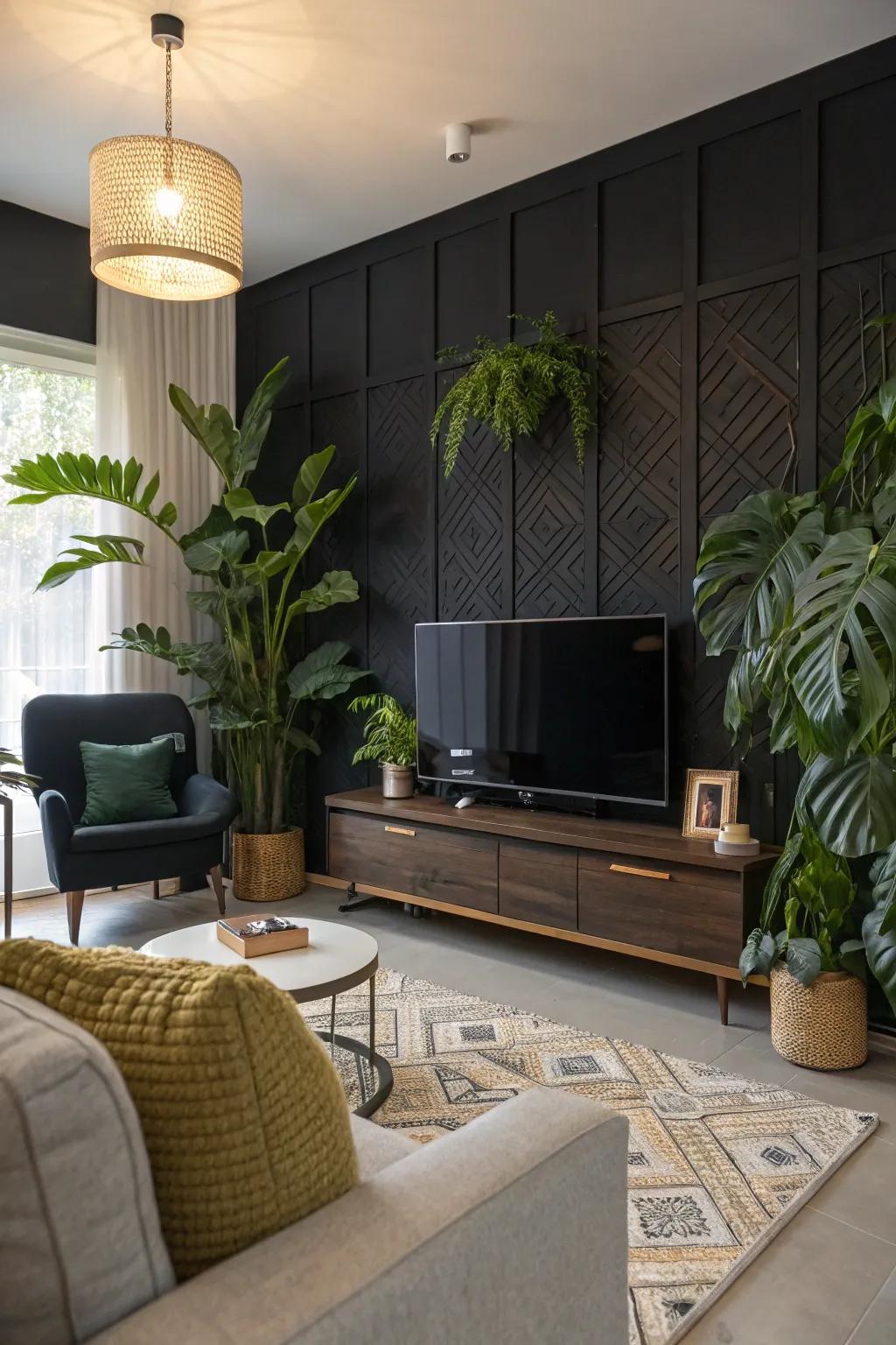 Greenery contributes a reviving contrast to a dark-painted focus wall.