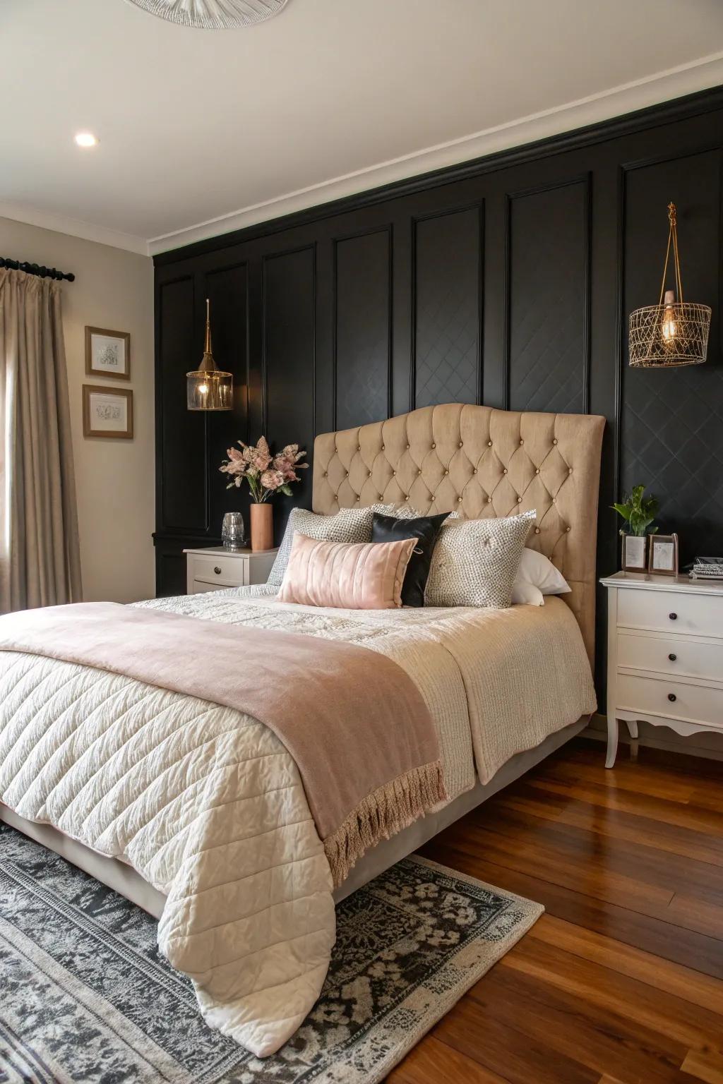 A snug bedroom featuring an ebony feature wall, accentuating the stylish headboard and plush bedding.