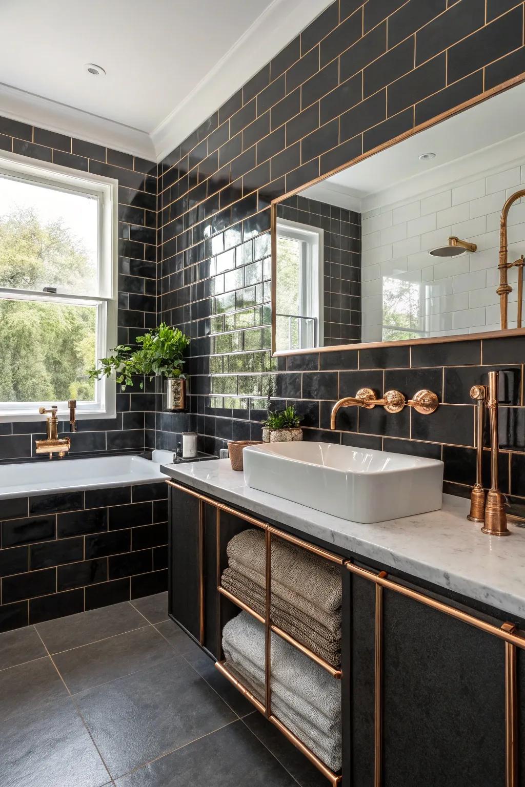 A mix of textures elevates the elegance of black and copper.