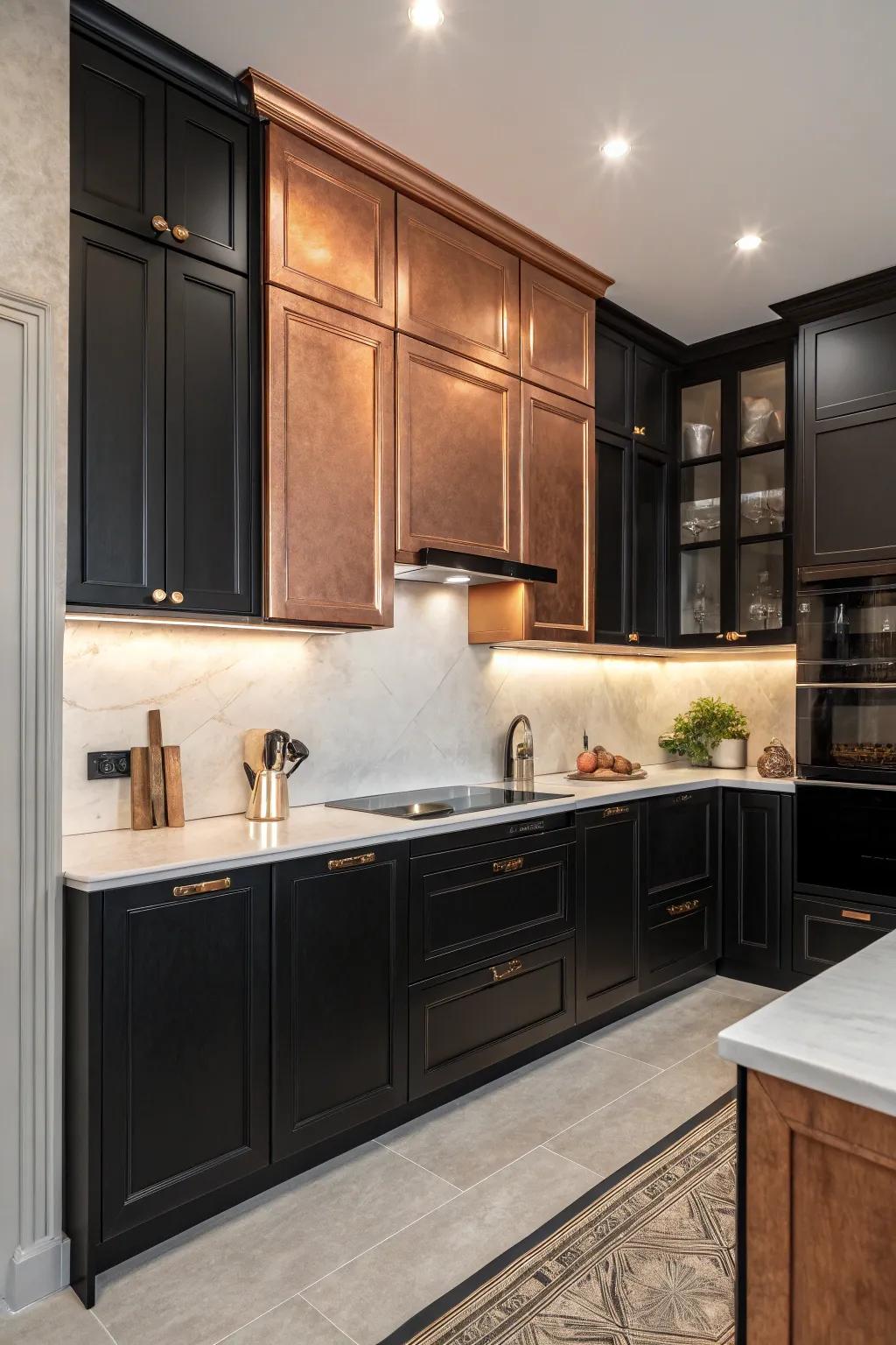 The mix of black and bronze cabinets creates a dynamic kitchen design.