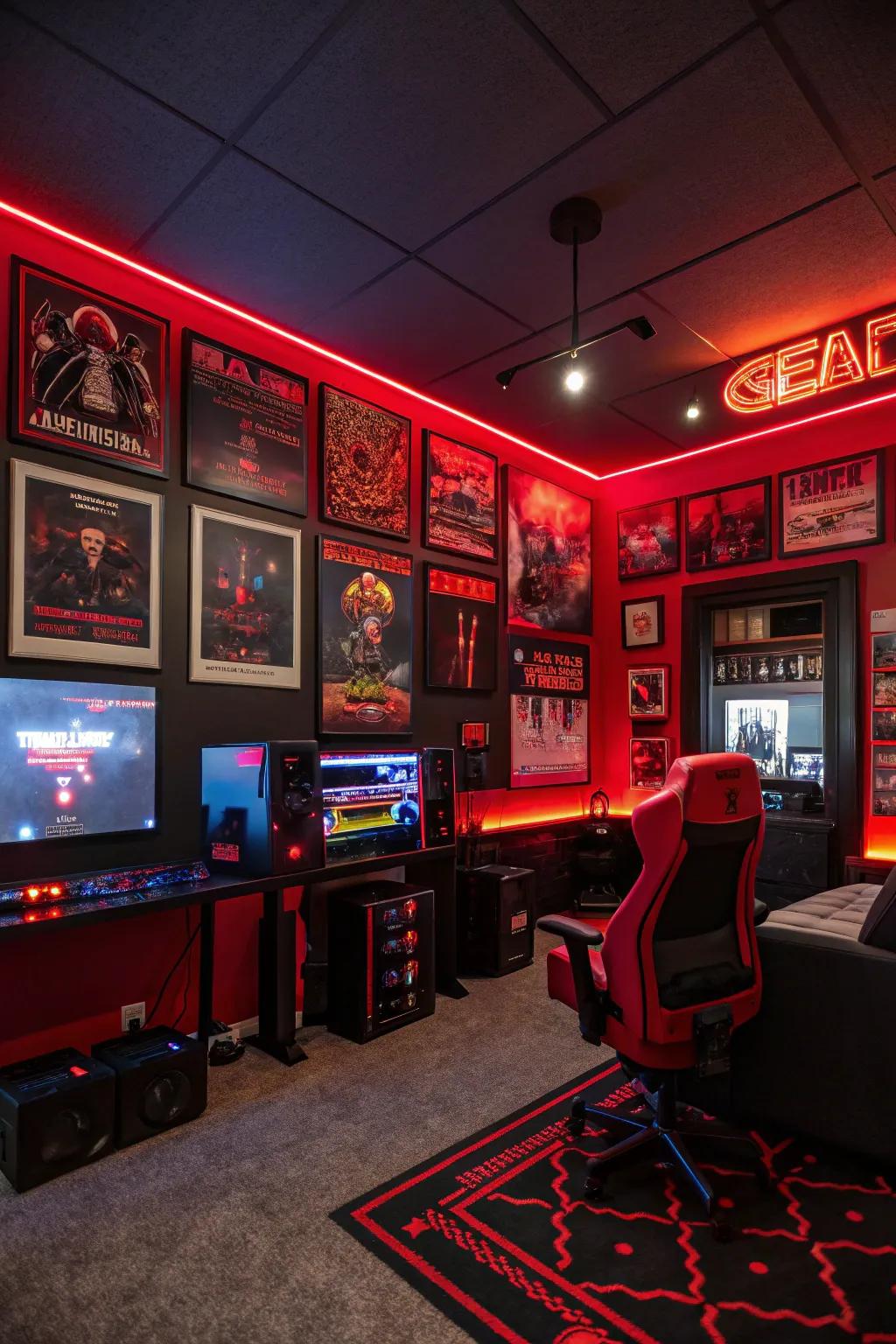 Gaming-related artwork displayed in scarlet and charcoal delivers a customized feel within the setup.