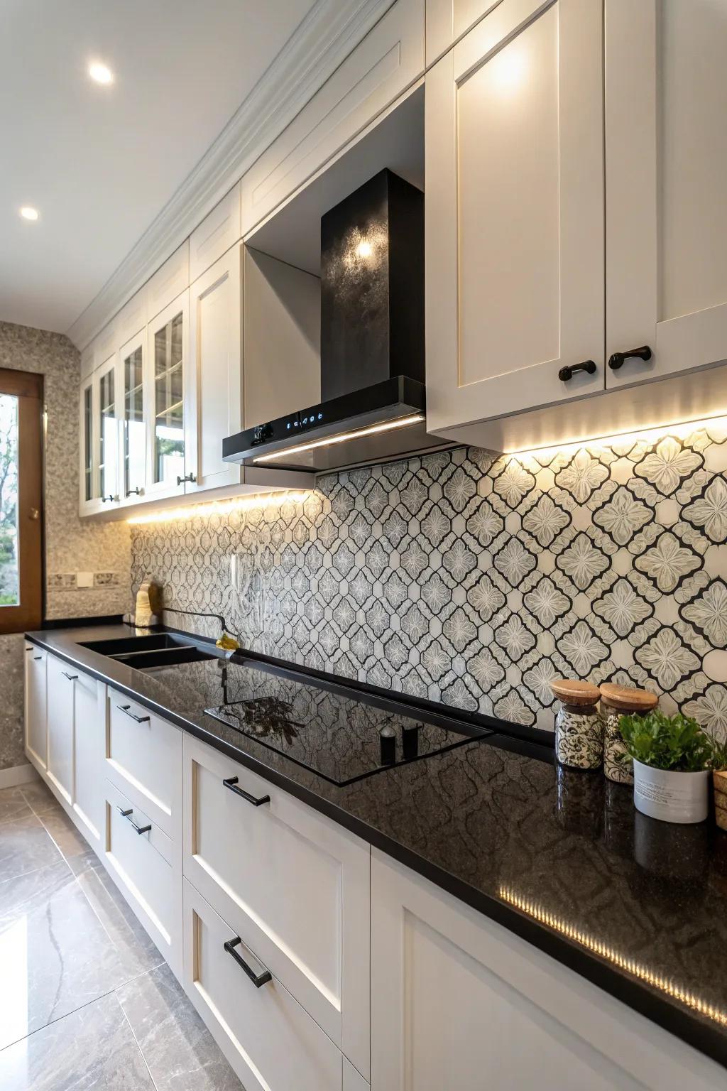 A distinctive backsplash matched with ebony countertops for supplemental texture.