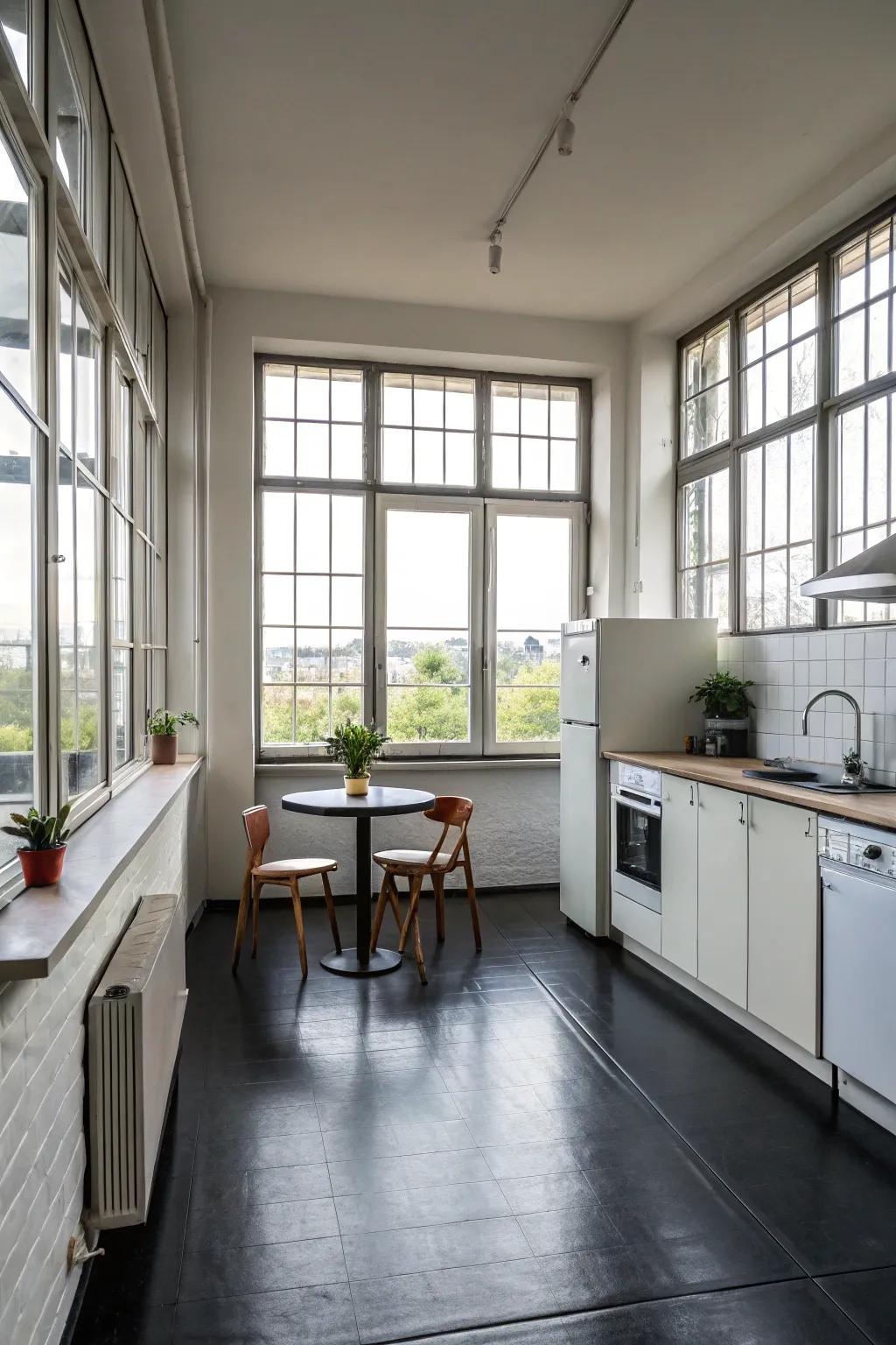 A minimalist kitchen featuring dark flooring that underscores simplicity and elegance.
