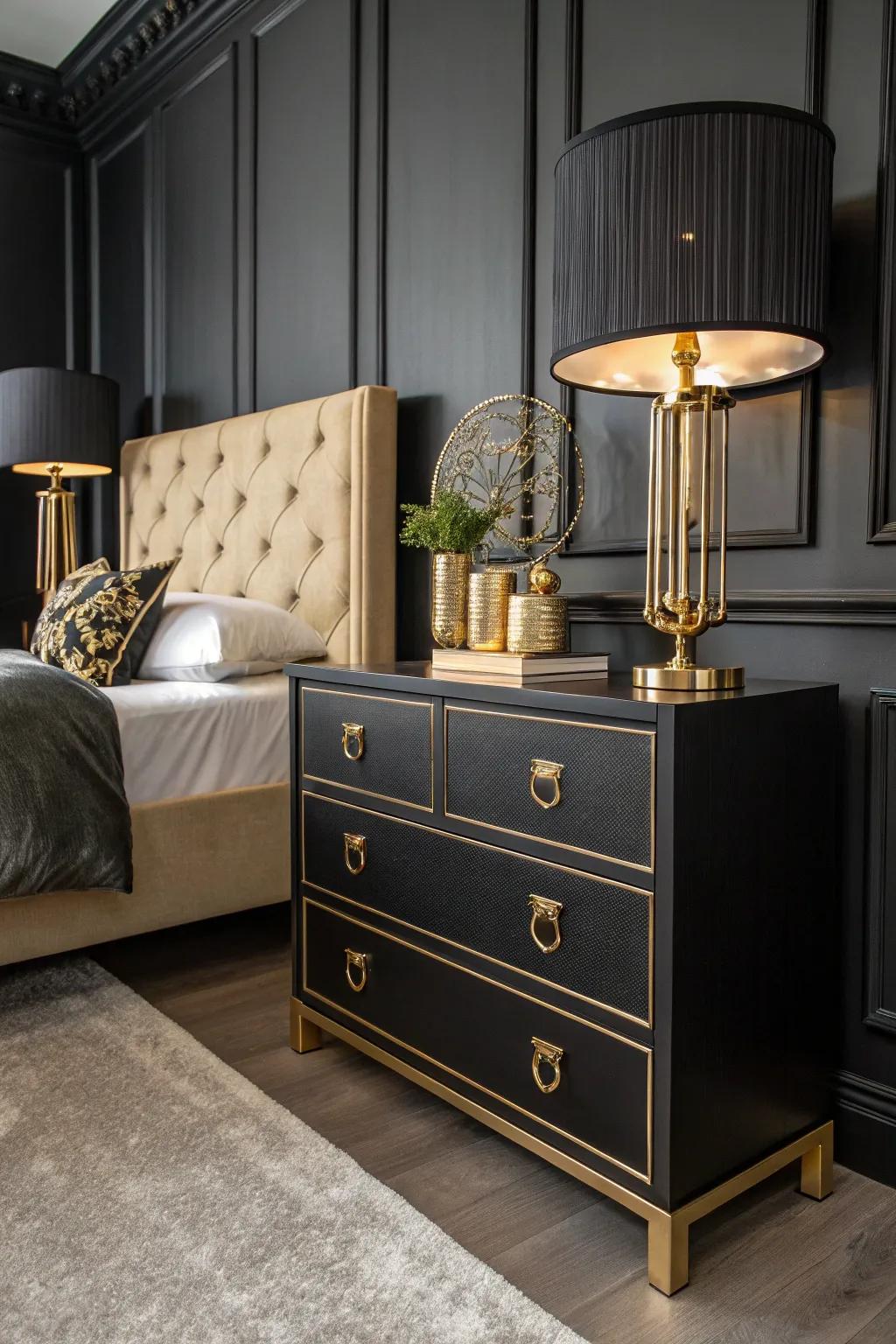Metallic details bring a hint of class to a black bedroom.