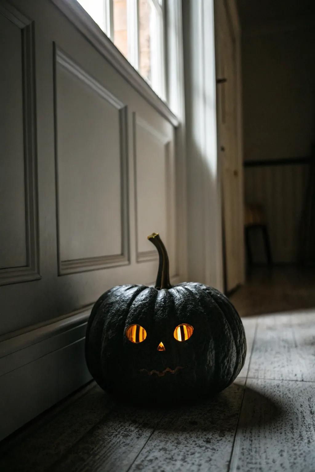 A dark-hued pumpkin with eerie radiant oculars, introducing an enigmatic aura to the decoration.