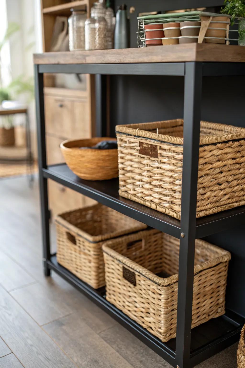 Wicker baskets positioned on a black shelf, marrying utility with visual appeal.
