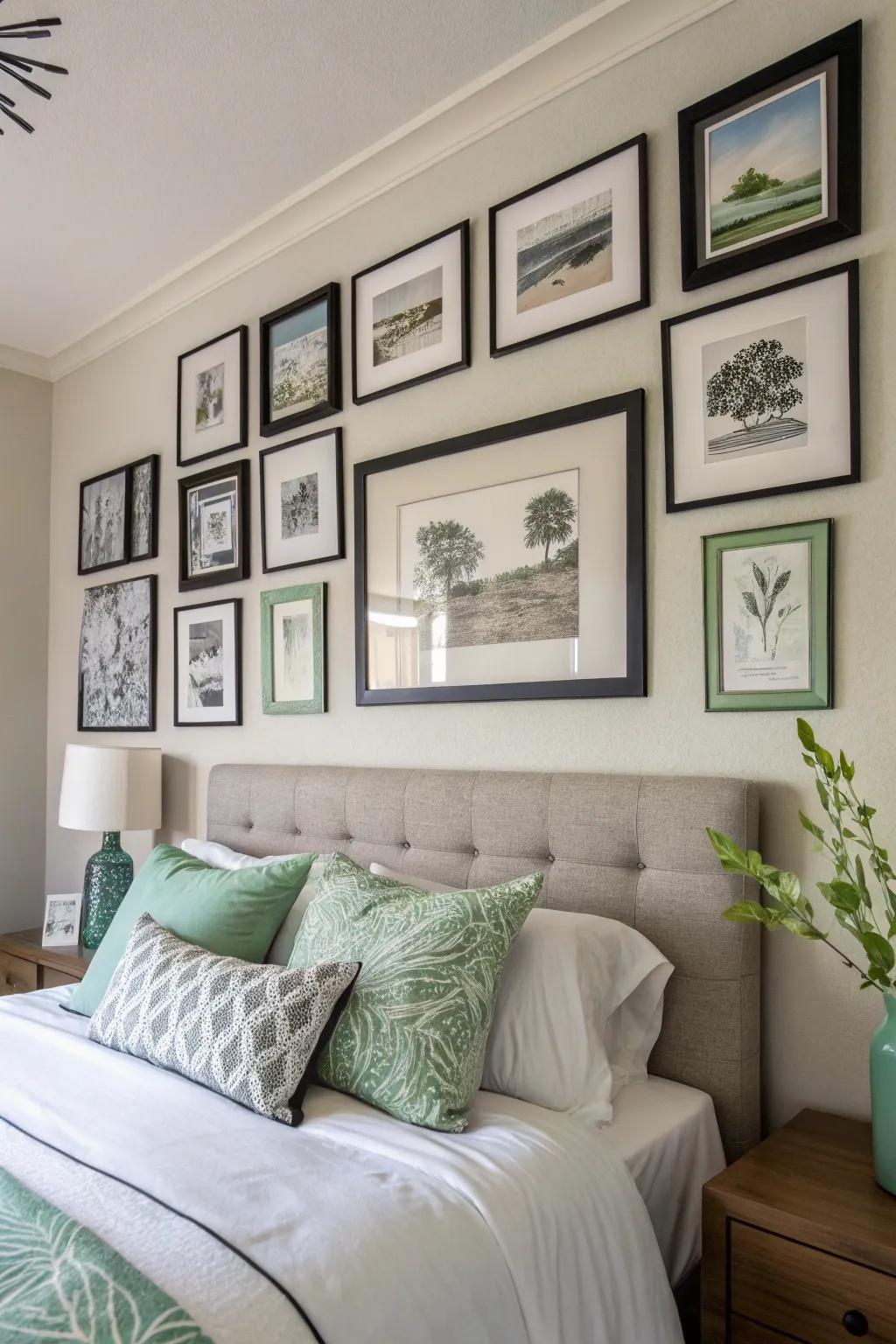 Monochrome art with green details enhances the room's theme.
