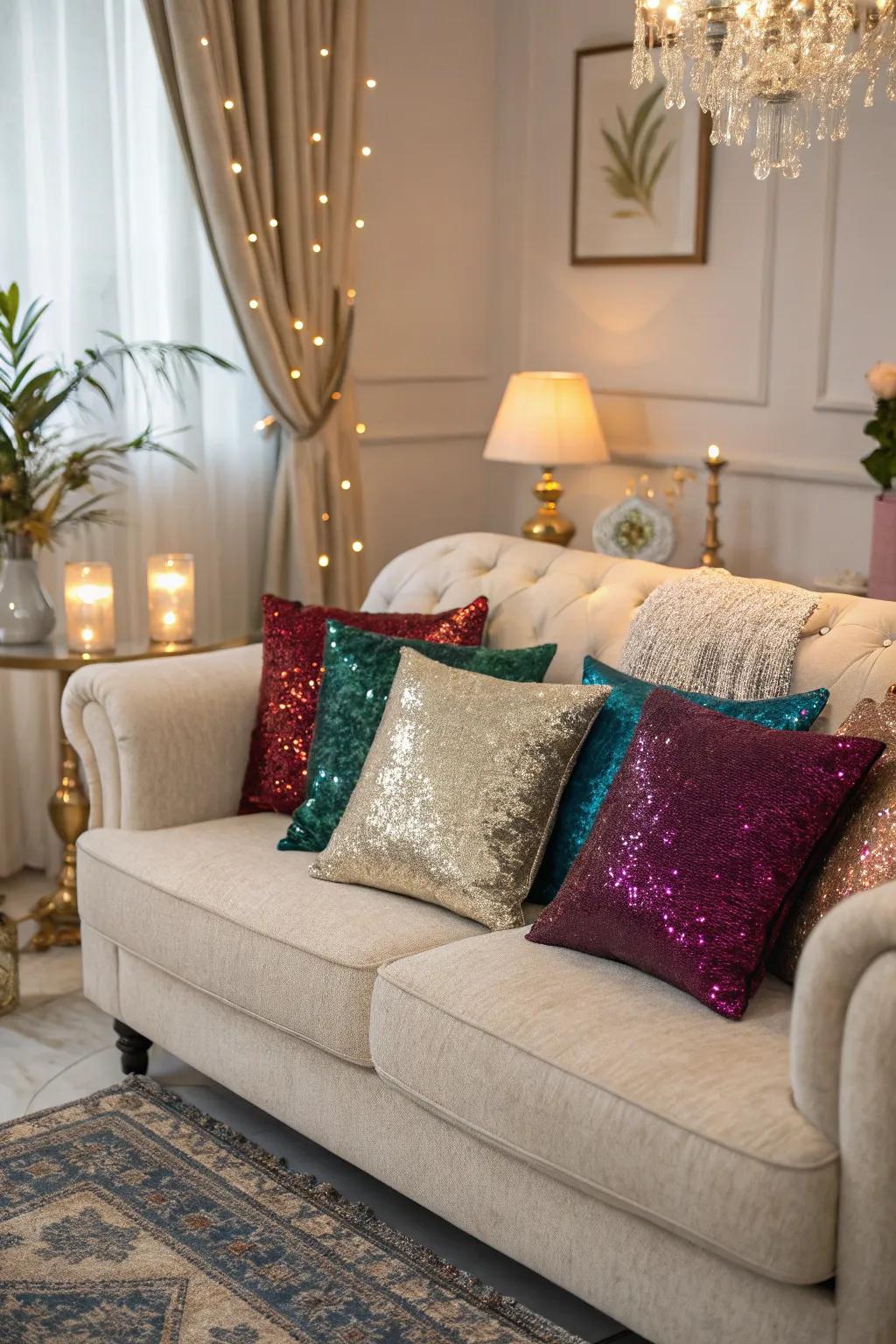 Sequined pillows lending a sumptuous feel to the living room.
