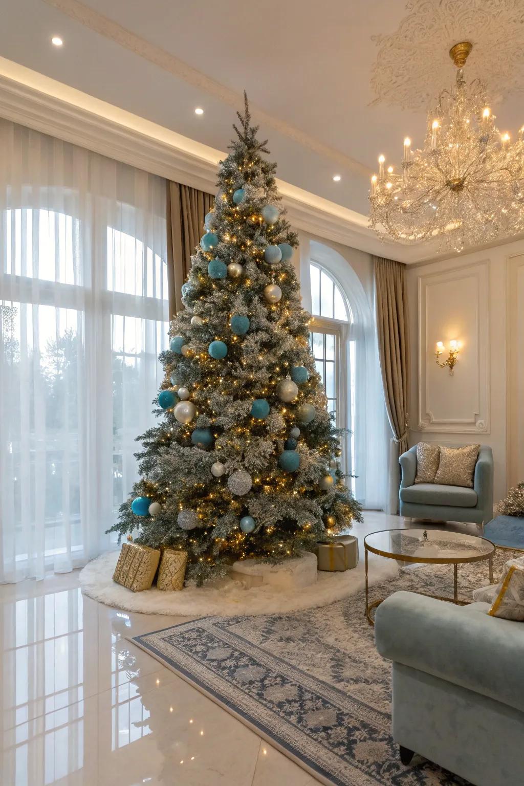 An exquisite blend of chilled blue and gold creates a luxurious Christmas tree.