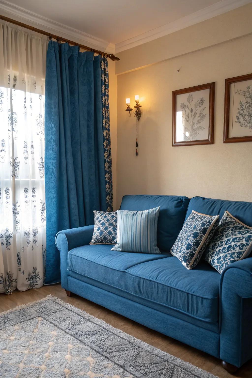 A serene and unified space is created by a monochromatic blue palette.