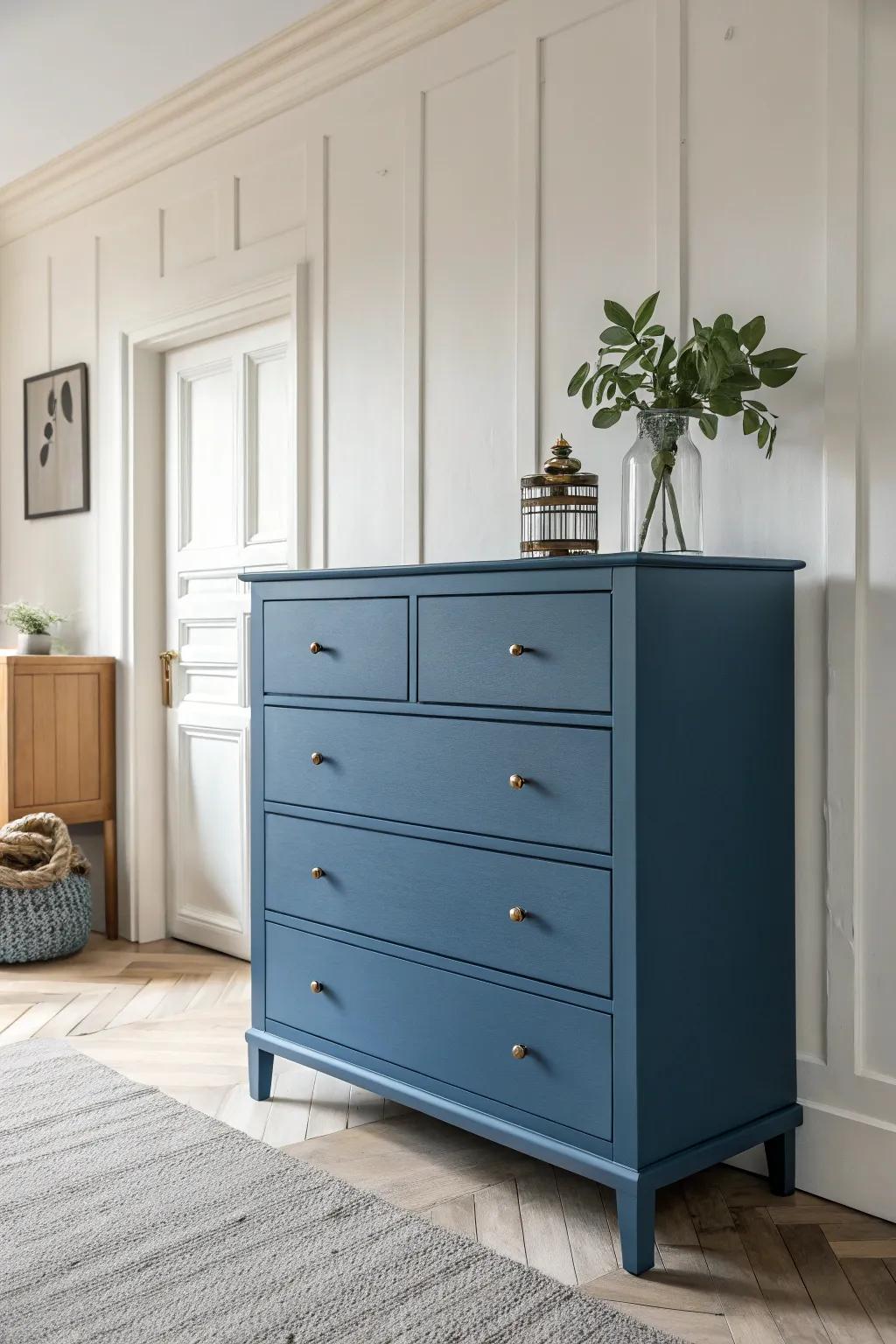 A dresser in matte blue, harmonizing seamlessly within a minimalist setting.