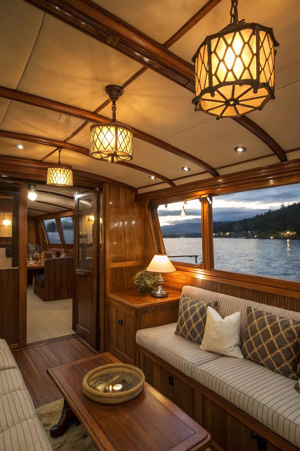 Comforting illumination amplifies the inviting ambiance within the boat.