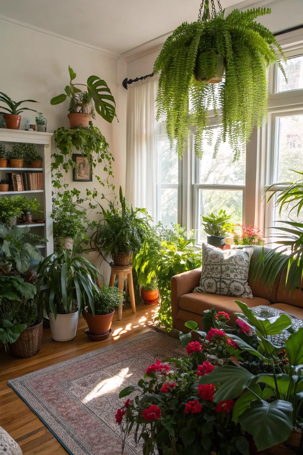 A lush bohemian family room with plentiful greenery.