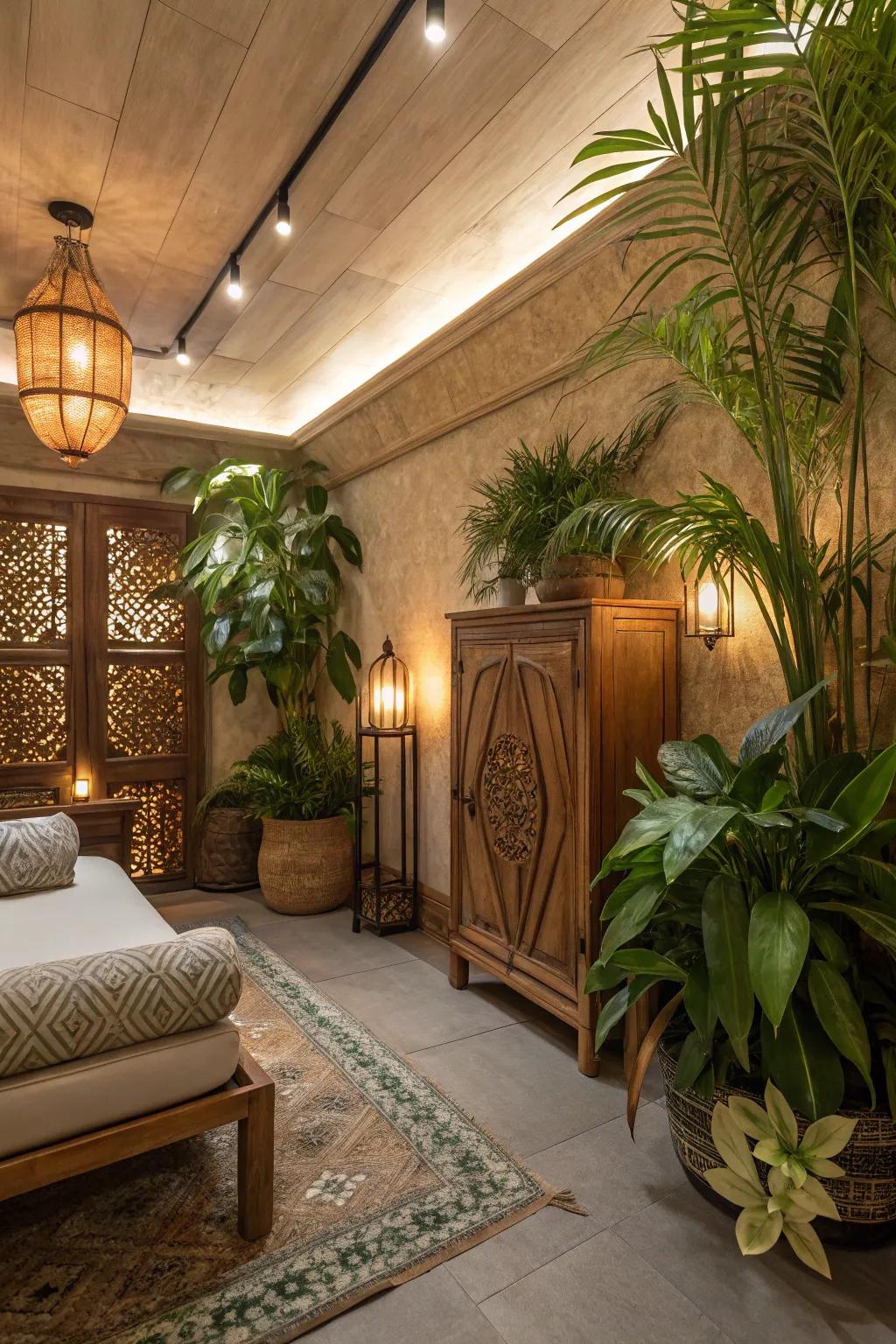 The selection of terrestrial tones cultivates a serene and grounded bohemian ambiance.