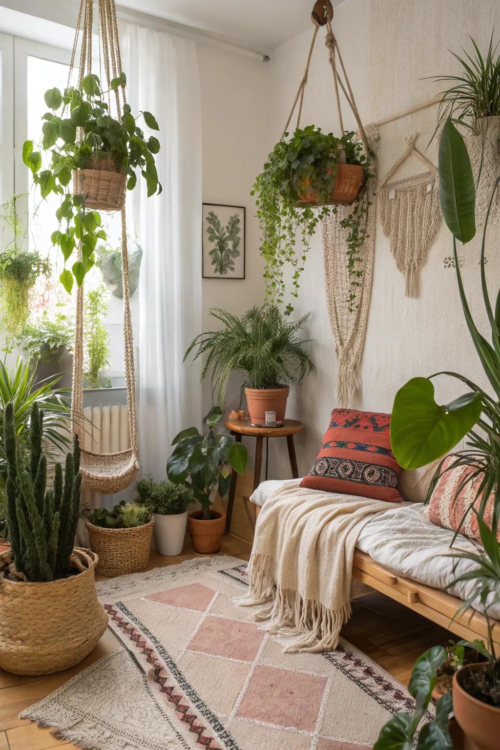 Indoor plants breathe vitality and freshness into a bohemian space.