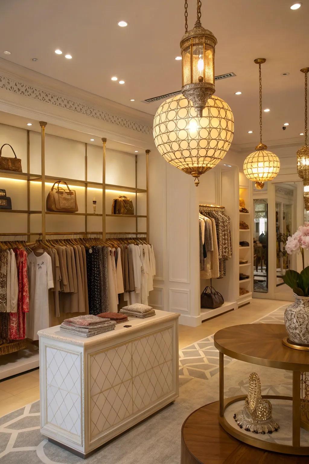 A boutique interior featuring strategic illumination, merging general and directed lighting to enrich decor.