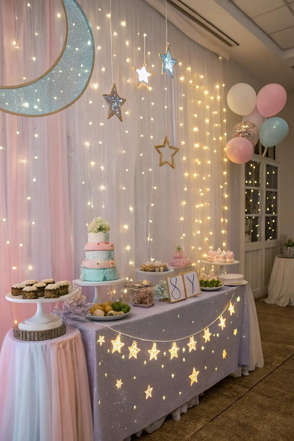 Star-inspired baby shower with heavenly features and gentle lighting
