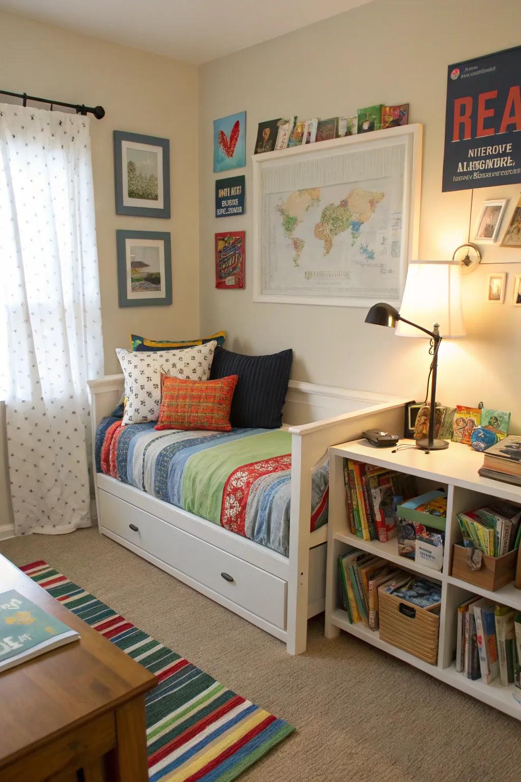 Accomplish dual functionality through a combined study and sleep space.