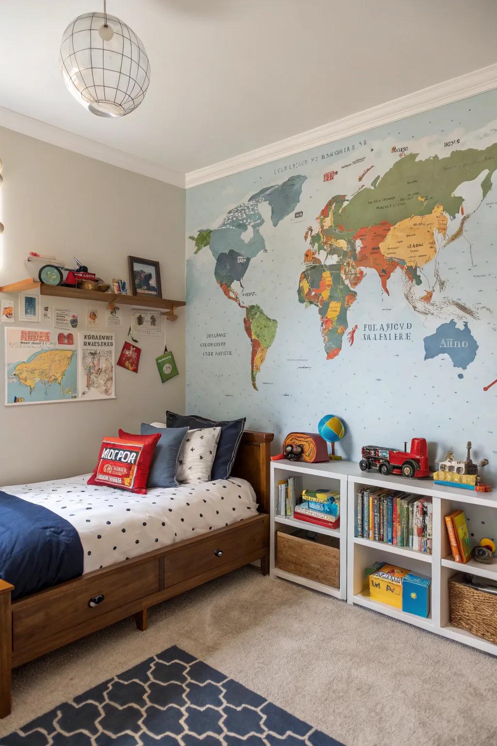Wall art adds individuality and curiosity to a boy's bedroom.